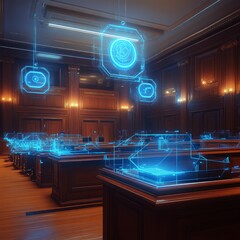 Poster - Futuristic courtroom with holographic displays and wooden decor.