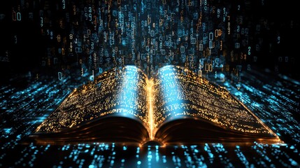 Wall Mural - The Arabic numerals of binary code 0 and 1 are combined into the shape of a book, special effects synthesis, light effect, sense of technology