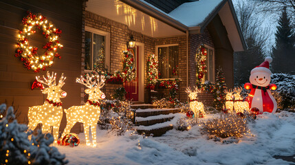 festive winter decor in snow-covered front yard