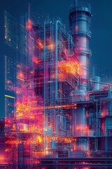 Canvas Print - Futuristic industrial plant with glowing lights and digital overlays.