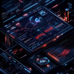 Canvas Print - Futuristic interface with data visualizations and graphs, glowing in red and blue.