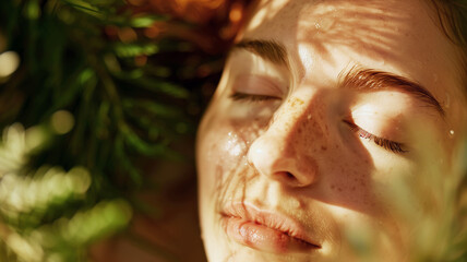 Woman enjoying a facial treatment and selfcare surrounded by professional skincare products. Bokeh on a background.