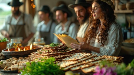 A Jewish family preparing a festive meal for Passover, with the Seder plate, matzah, and Haggadahs on the table