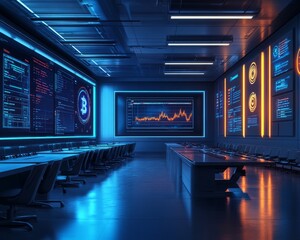 Canvas Print - Futuristic office interior with digital displays showing cryptocurrency data and charts.