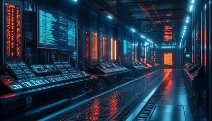 Canvas Print - Futuristic server room with glowing screens and neon lights.