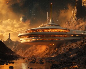 Canvas Print - Futuristic space station on a rocky planet, with a distant planet in the sky.