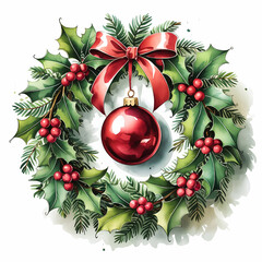 A hand-painted watercolor illustration of a Christmas wreath made of holly leaves and pine branches. It has a red bow and a red ornament hanging from the center