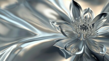 Silver flower bloom. Metallic flower blossom, shiny silver petals, abstract nature.