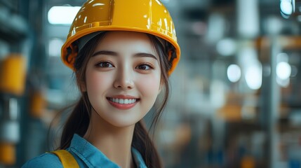 Smiling woman wearing yellow hard hat in industrial warehouse setting, confident worker in modern logistics and construction environment, professional career, safety and hard work success