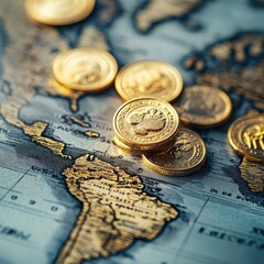 Sticker - Gold coins scattered on a vintage world map.