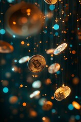 Poster - Golden Bitcoin coins falling through the air with a bokeh background of blue and orange lights.