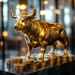 Poster - Golden bull statue standing on a pile of coins.