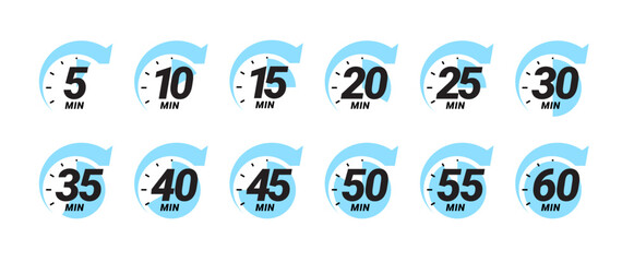 minute timer icons set. color signs chronometer, time counter. countdown timer showing minutes. dead