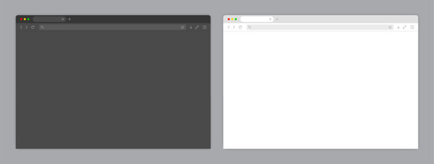 Web browser window light and dark template. Sample frame design Internet page mockup. Blank screen web browser in flat design. Vector illustration