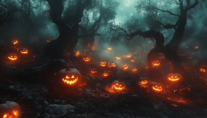 Wall Mural - Jack-o'-lanterns glowing in a misty forest.