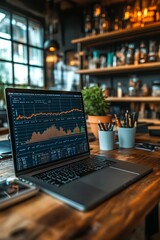 Poster - Laptop with financial chart on a wooden desk in a modern office.