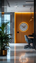 Canvas Print - Modern office interior with a large clock on the wall, a plant in the corner and a desk with a chair.