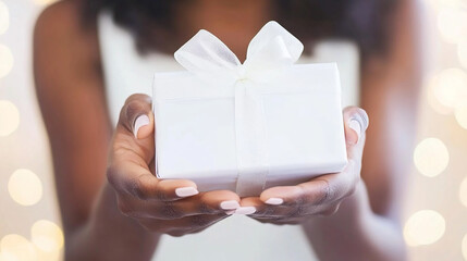 A afro woman is holding a white gift box with a ribbon tied around it. Concept of joy and excitement, as the woman is likely about to give the gift to someone special