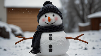 Snowman with a carrot nose, hat, scarf, coal buttons and stick arms standing outside on a winters day. Concept of winter, snow and childhood. 