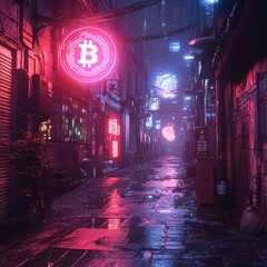 Sticker - Neon lit alleyway in a futuristic cityscape with a Bitcoin sign.