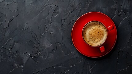 Coffee cup and coffee beans on black background. Top view with copy space