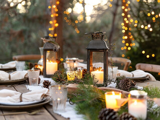 An outdoor New Year celebration with rustic decorations, lanterns, and natural elements, creating a warm, festive atmosphere