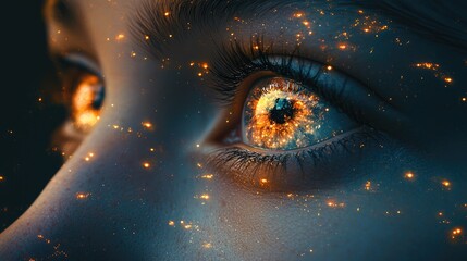 Wall Mural - two eyes glowing with holy light and fire peer into the deep cosmos at stars of many colors. rule of