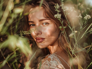 An outdoor photoshoot of a model with natural makeup and a bohemian-inspired look, surrounded by nature