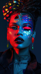 Poster - Artistic beauty transformation with avant-garde makeup and fashion, captured in dynamic lighting