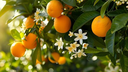 Orange tree with blossoms and clusters of juicy harvest ready oranges