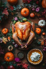 Wall Mural - Roasted turkey with pumpkin pie and fall decor on wooden table.