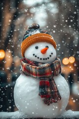 Wall Mural - Snowman in winter clothes on park background