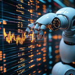 Poster - Robotic hand pointing at a stock market graph.