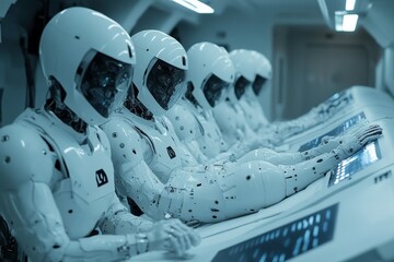 Canvas Print - Row of futuristic white robots in a control room, each with a helmet on their head, working together.