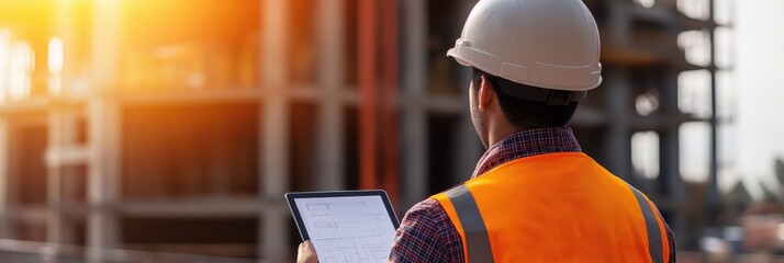 A construction worker, donned in safety gear, examines building plans on a tablet amidst an active work site, illuminated by a warm, setting sun.