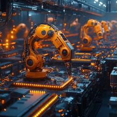 Canvas Print - Row of robotic arms working on a production line.