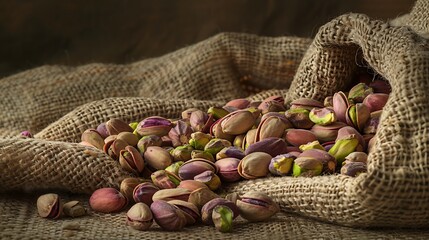 Pistachios spill out of burlap on a brown background