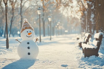 Wall Mural - Snowman in winter clothes in park