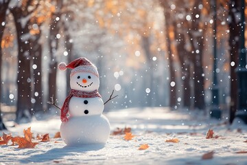 Wall Mural - Snowman in winter clothes on park background