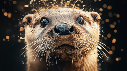 close-up of curious otter with wet fur and whiskers, surrounded by water droplets against a blurred 