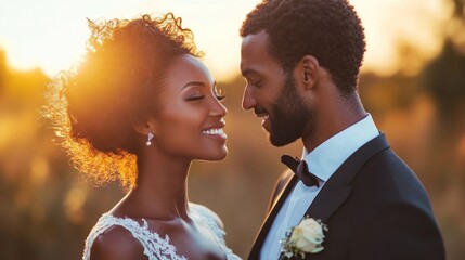 Wall Mural - A bride and groom are smiling at the camera