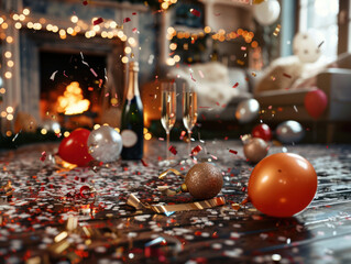 A cozy indoor New Year celebration with confetti scattered on the floor, balloons, and champagne bottles in the background