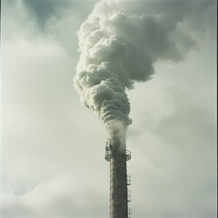 Smoke ascends dreamily from the chimney, contrasting the expansive sky, capturing an industrial scene against a serene backdrop.