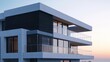 © hameed - Luxurious white concrete house with black wood slats and gray metal accents, large windows with glass railings at sunset