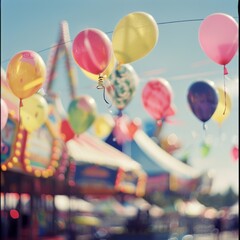 Rows of colorful balloons dance in the breeze, capturing the essence of a festive fairground under a clear blue sky.