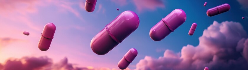 Colorful capsules floating in a dreamy sky with clouds during sunset.