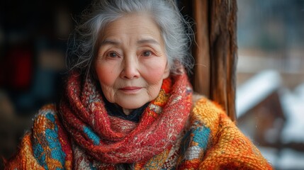 Canvas Print - Woman wearing a red hat and a red scarf. She is smiling and looking at the camera. old woman from china,