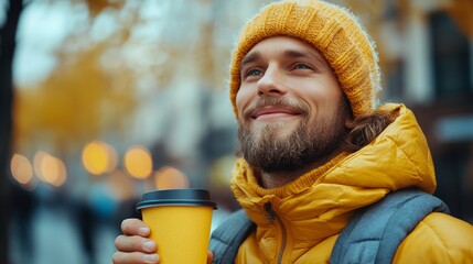 Man in a yellow jacket is holding a coffee cup and smiling. He looks happy and content as he walks down the street. young man enjoing coffee in yellow clothes from yellow paper cup in the city