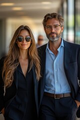 Businessman and businesswoman walking in modern office building