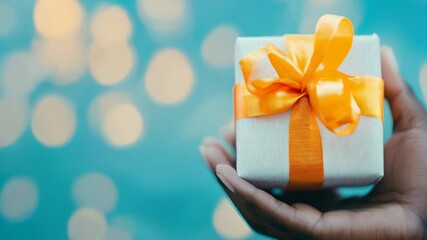 Wall Mural - A pair of hands presents a wrapped gift box with a vibrant orange ribbon, set against a glowing, blurred background of lights